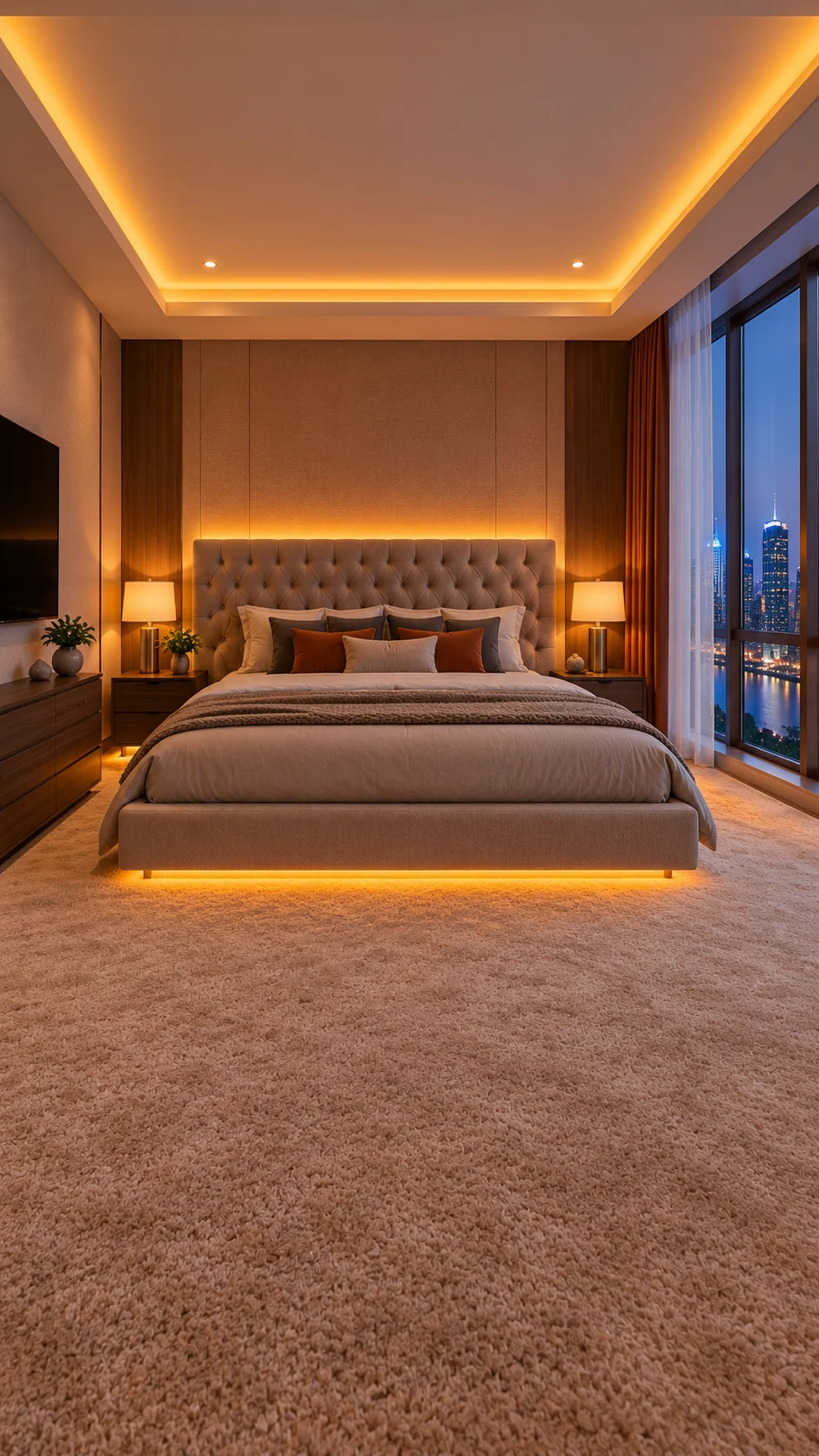 Tufted beige headboard with amber backlight, matching lamps, and glowing ceiling cove