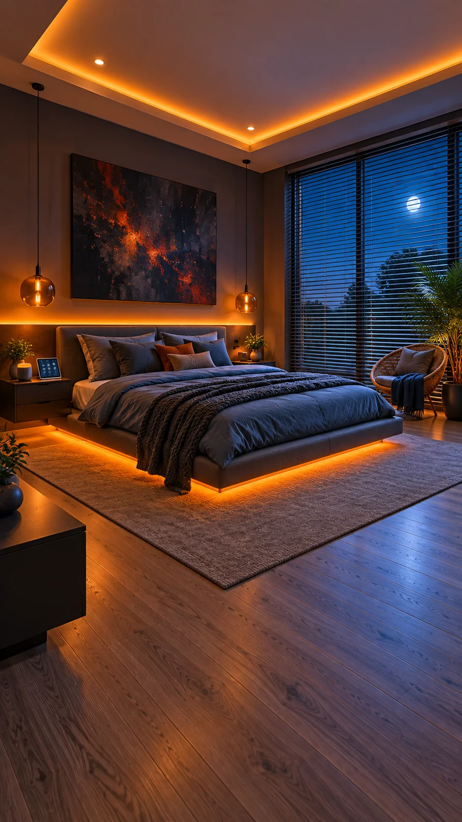 Dark taupe bedroom with orange underglow, globe pendants, and a large abstract painting