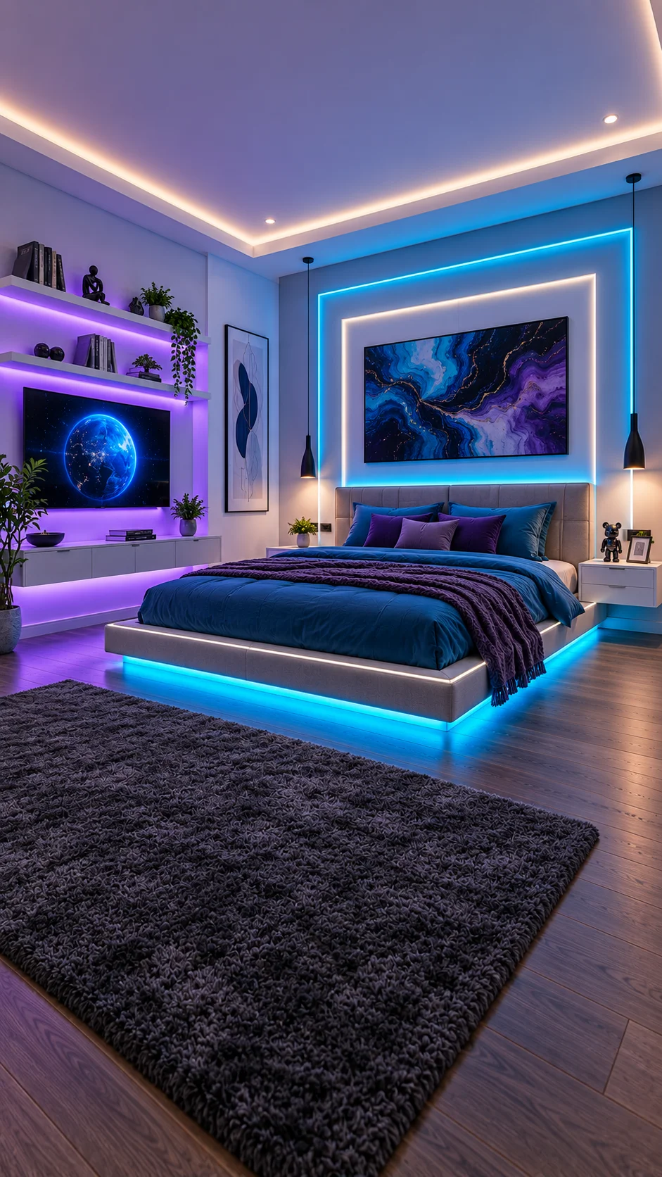 Blue and purple LED lighting around artwork, shelves, and a floating bed
