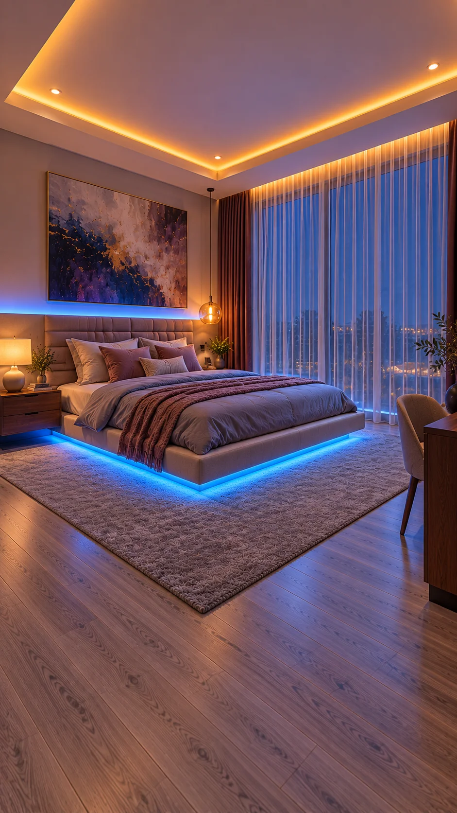 Blue underglow beneath a beige bed with amber cove lighting and sheer curtains