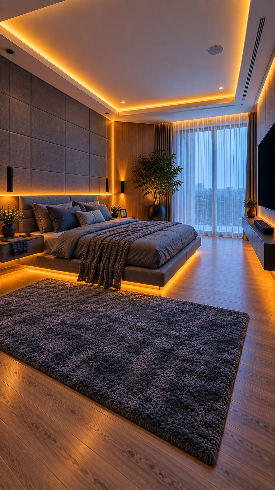 Gray upholstered wall panels edged with amber LED lines above a floating bed