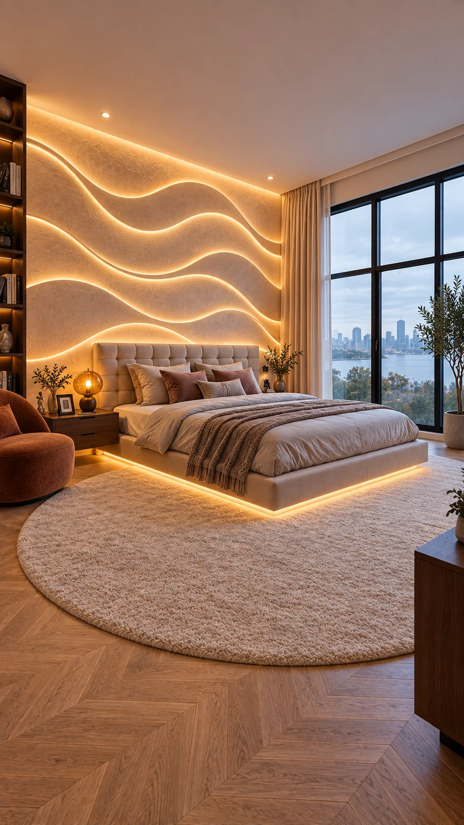 Wavy plaster wall outlined with warm LED strips behind a cream upholstered bed