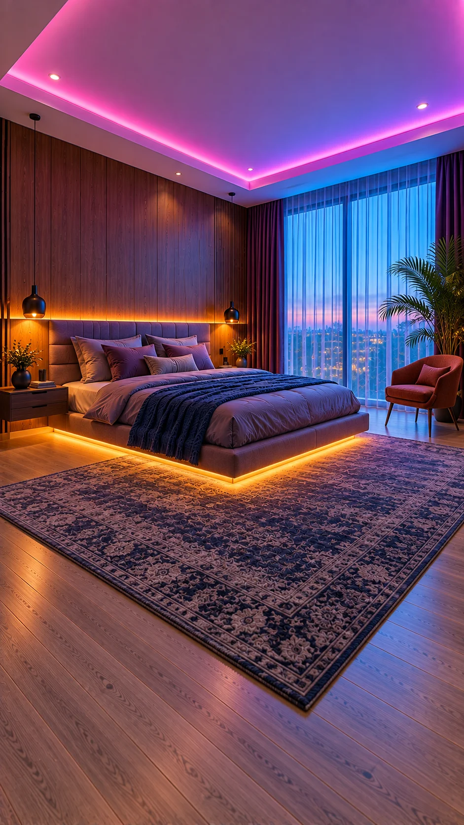 Magenta ceiling cove glowing over a plum-bedded room with a wood slat wall