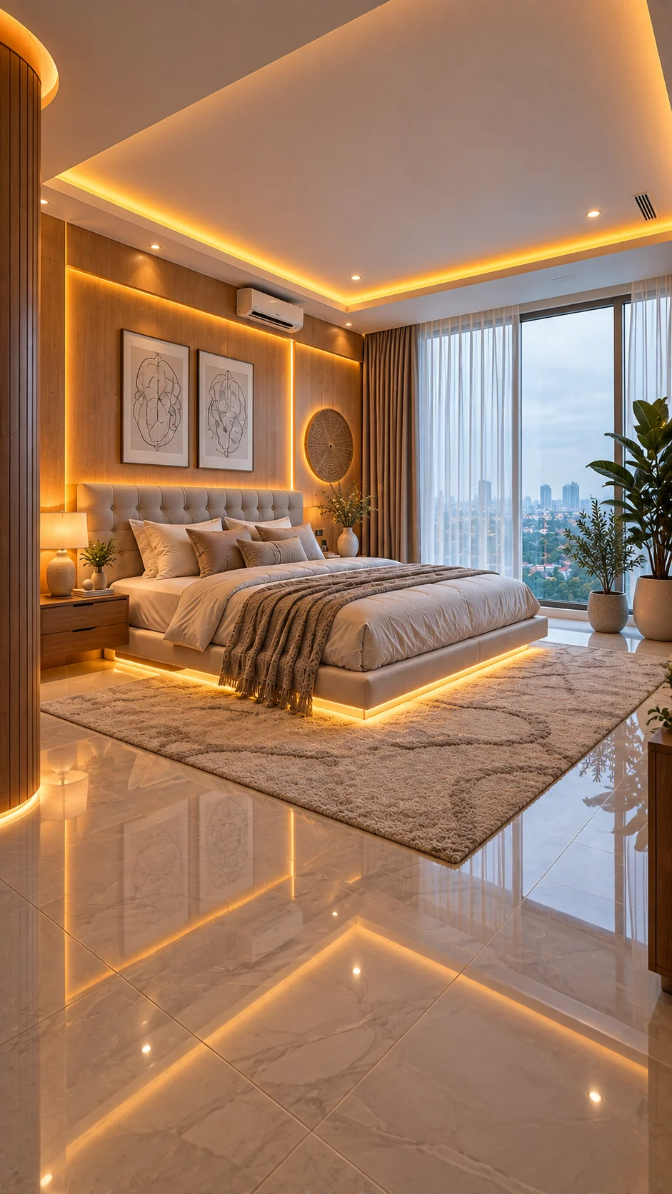 Glossy marble-look floor reflecting warm LED lines in a cream and wood bedroom