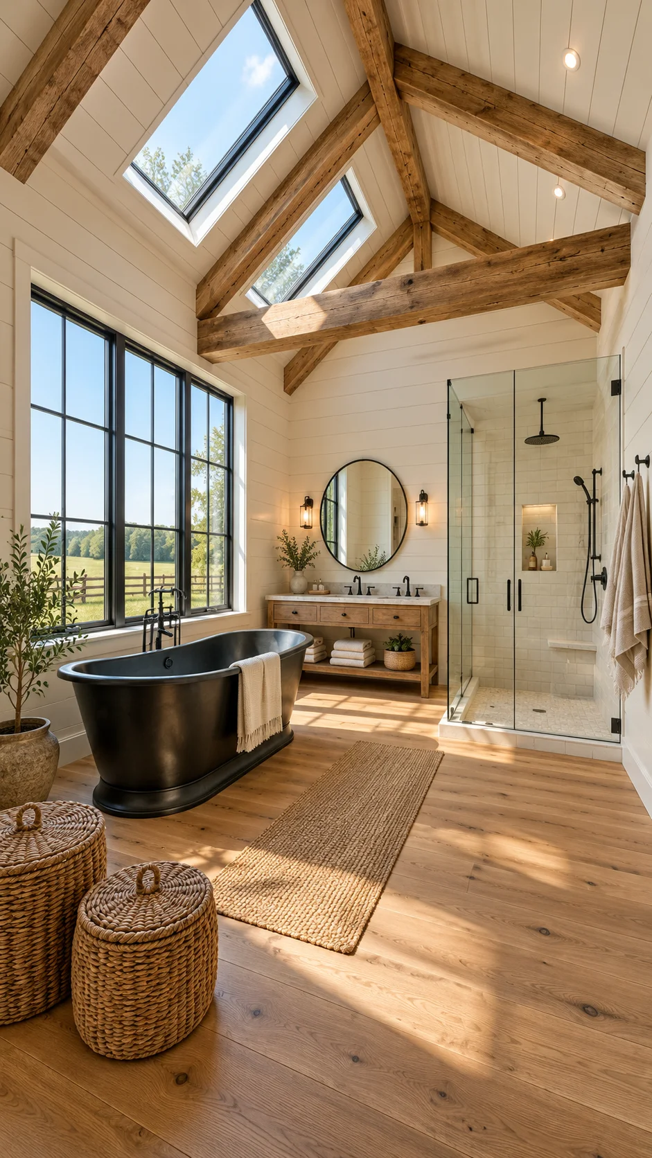 Vaulted farmhouse bathroom with skylights, beams, and a glass shower beside a black tub