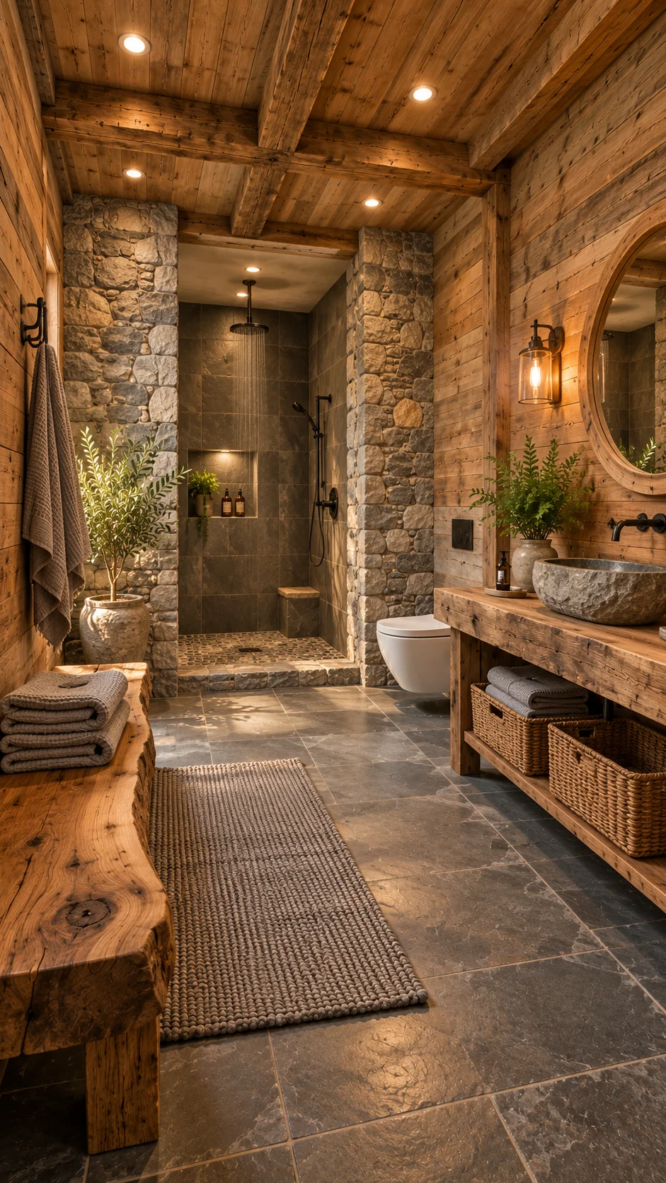 Rustic walk-in shower between fieldstone pillars with slate tile walls and a pebble floor