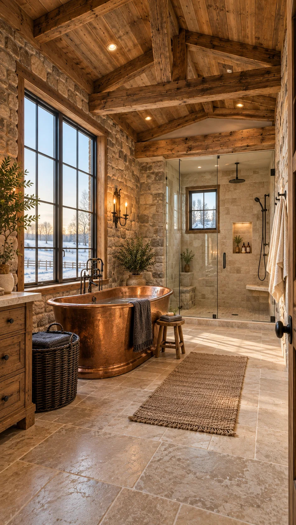 Stone-walled bathroom with a copper tub and a glass shower with a small window