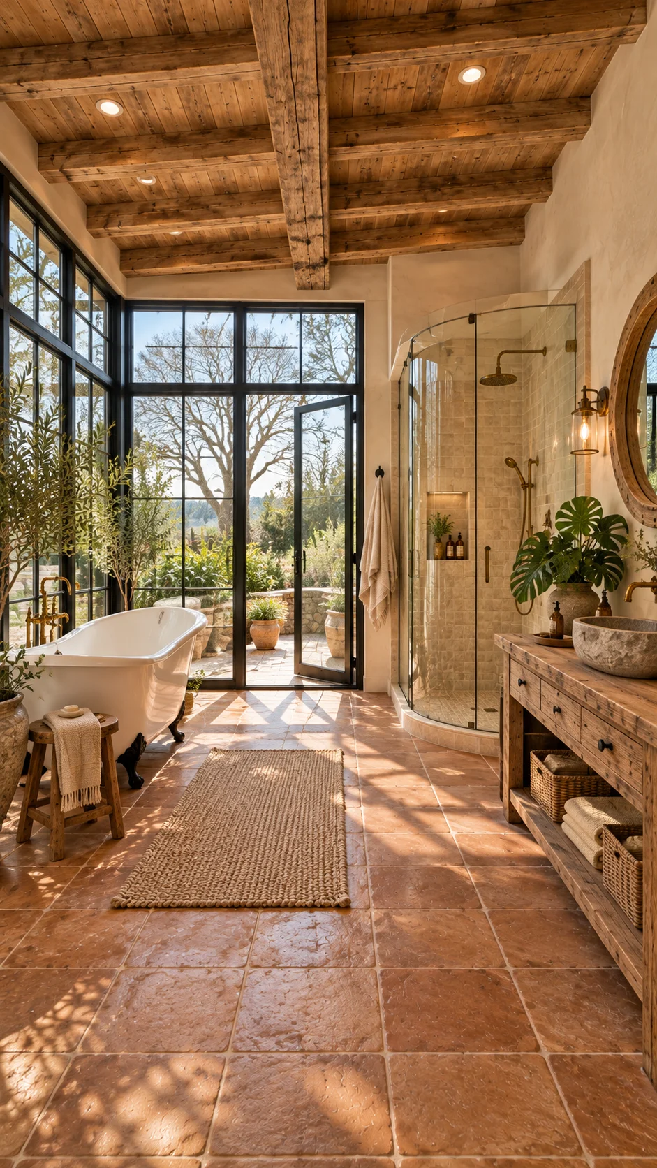 Terracotta-floored bathroom with clawfoot tub, steel doors, and curved glass shower with brass fixtures