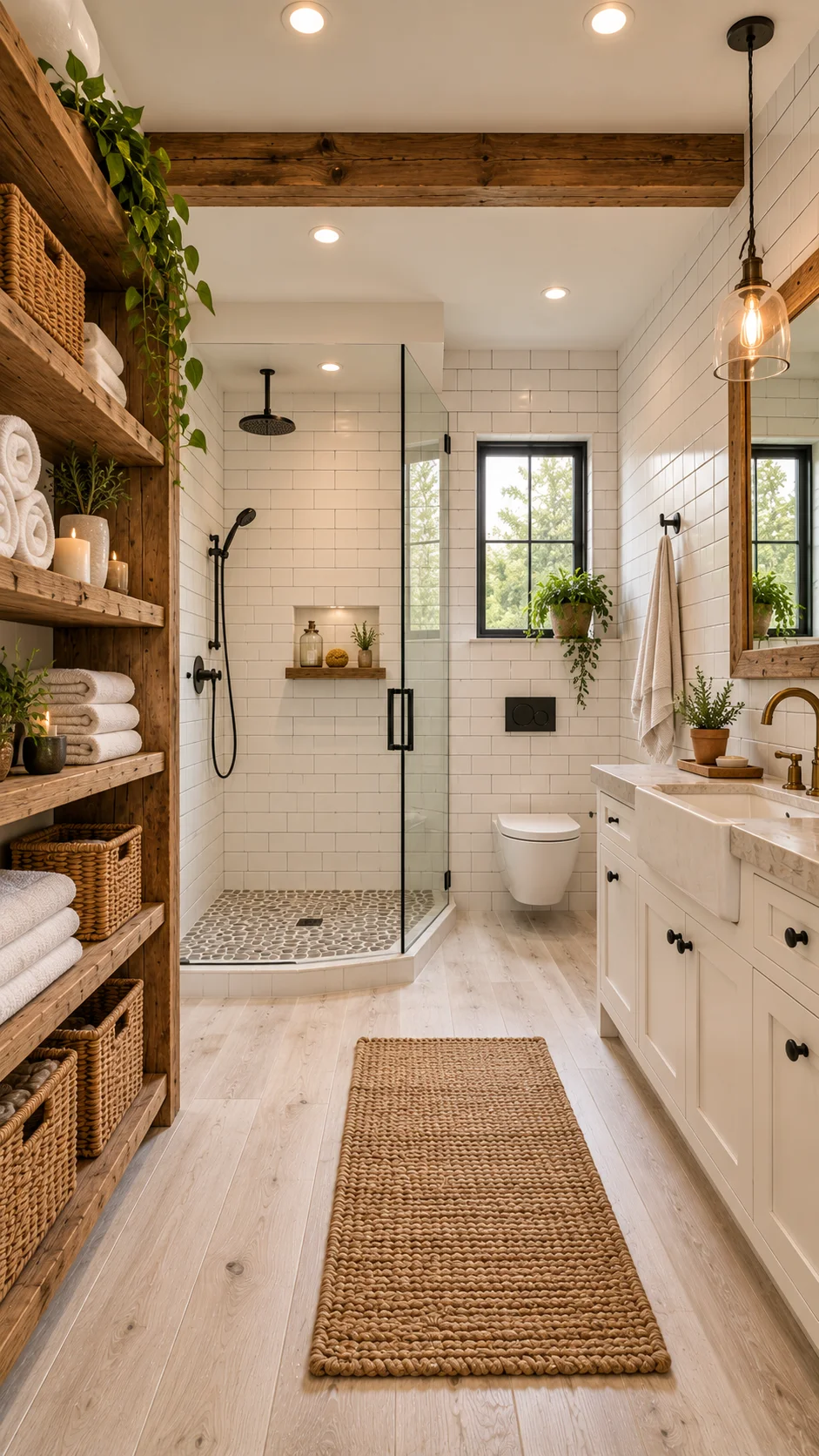 White subway tile shower with reclaimed wood shelves holding rolled towels and baskets beside it