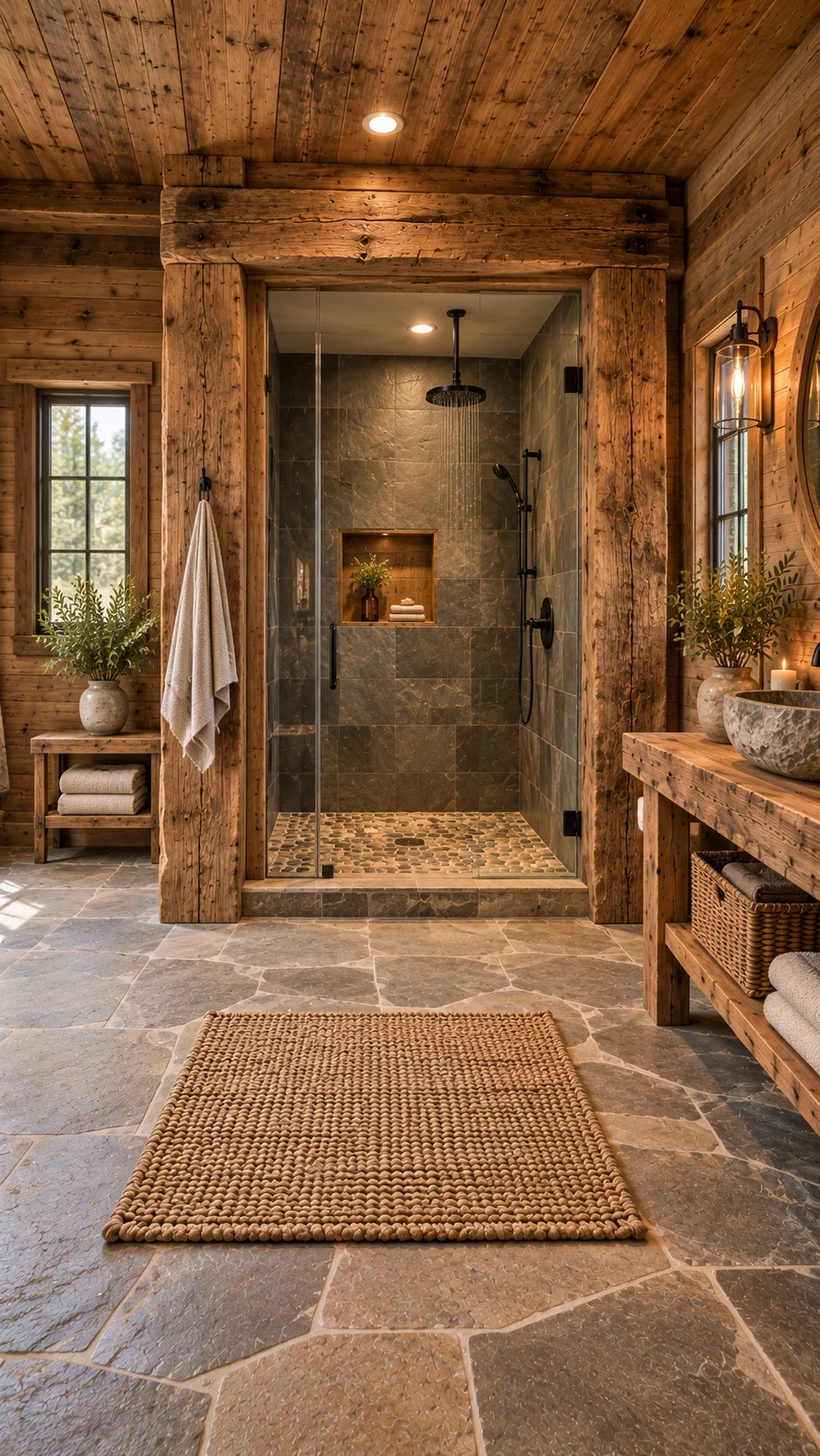 Reclaimed timber posts and a beam framing a slate tile shower with a pebble floor and wood niche