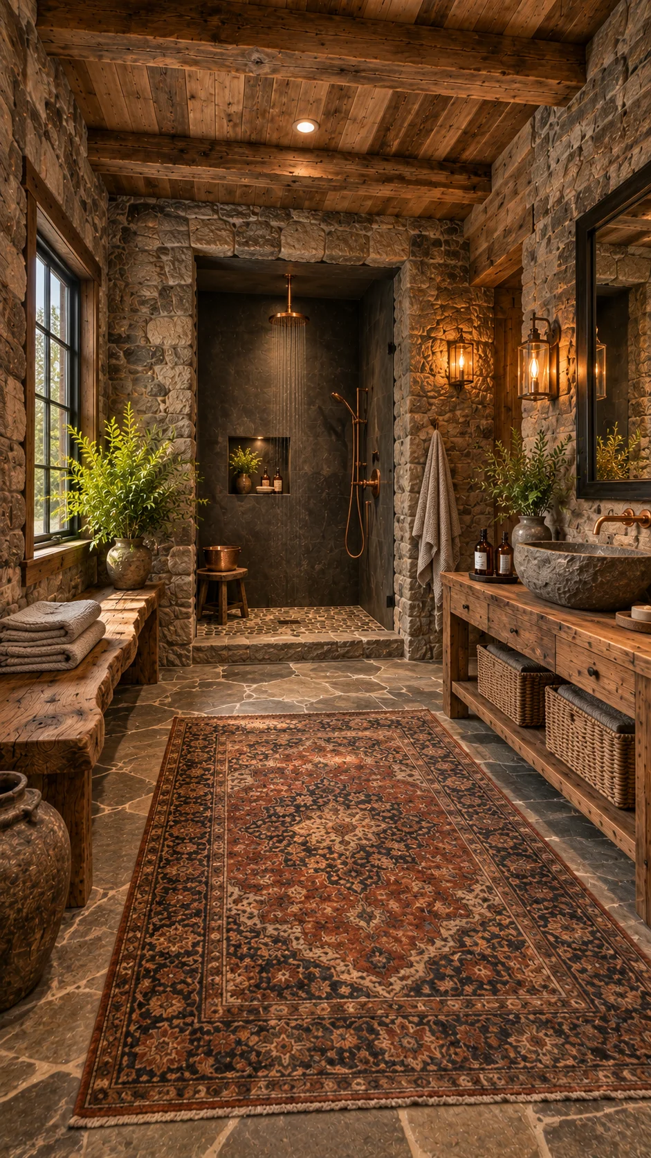 Stone and wood bathroom with lantern sconces and a lit copper-fixture shower in dark tile