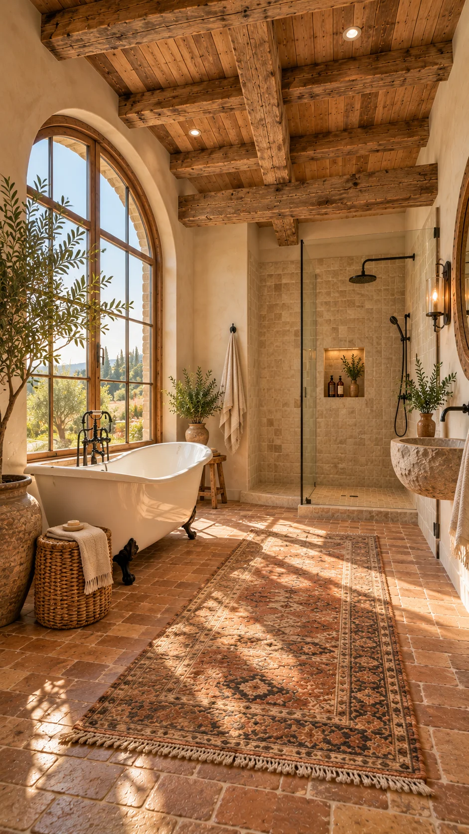 Arched-window bathroom with a clawfoot tub and a tumbled tile shower behind a single glass panel