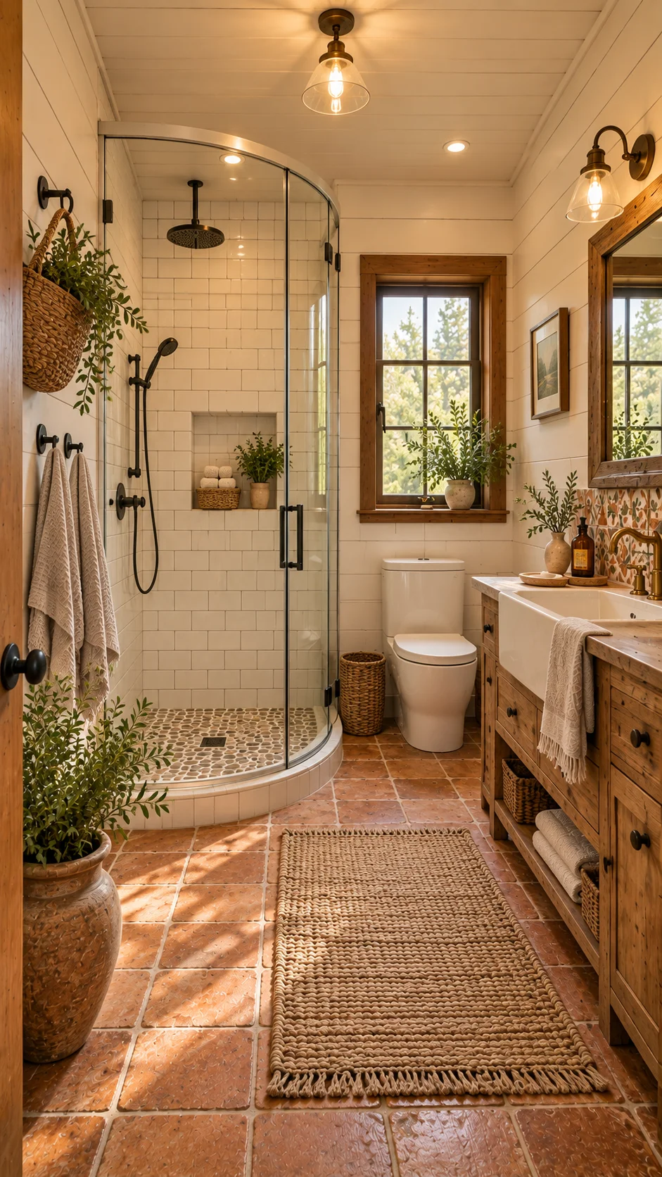 Small farmhouse bathroom with a curved glass shower, white subway tile, and terracotta floor tile