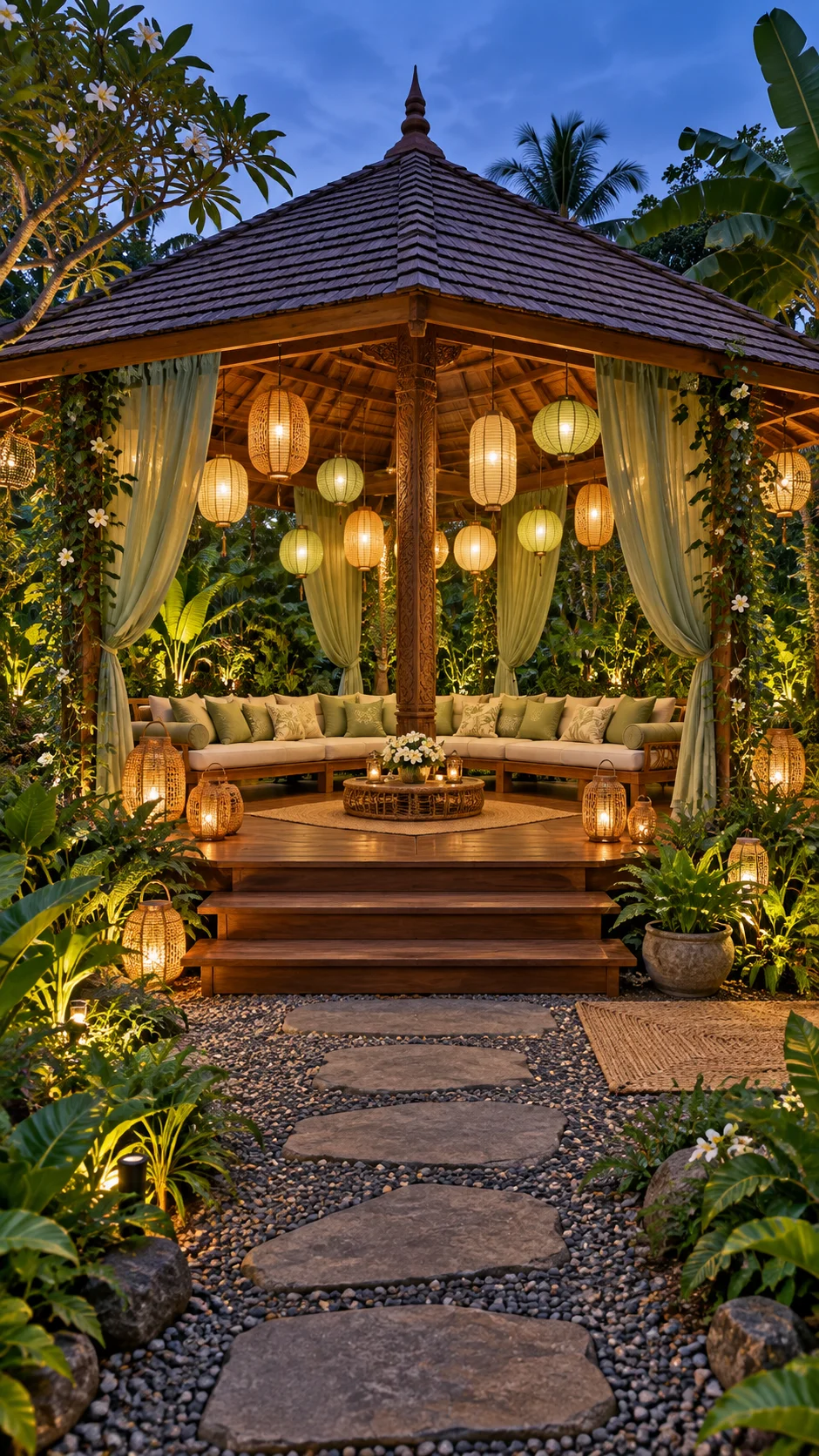 Wooden gazebo at dusk with hanging paper lanterns, sage curtains, and a pebble path
