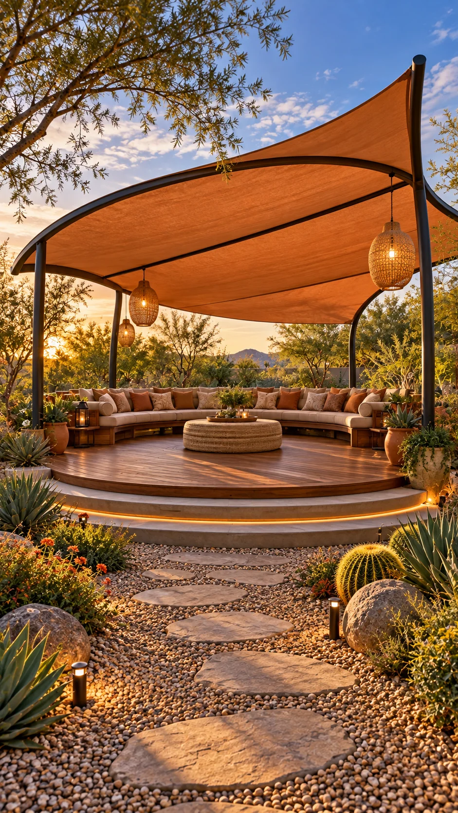 Curved terracotta shade sail over a circular deck and built-in bench at sunset