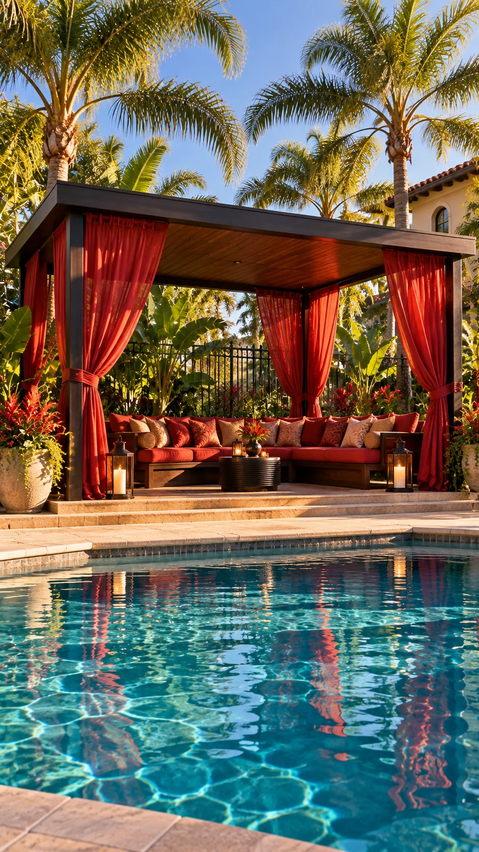 Dark-framed poolside cabana with red sheer curtains, red sectional, and palm trees