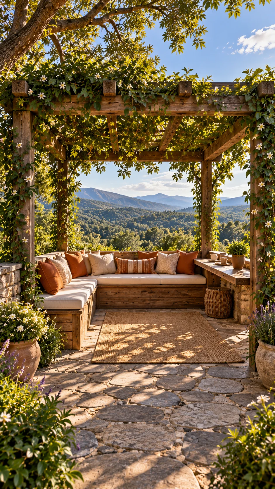 Rustic timber pergola covered in white-flowering vines with built-in bench and mountain view