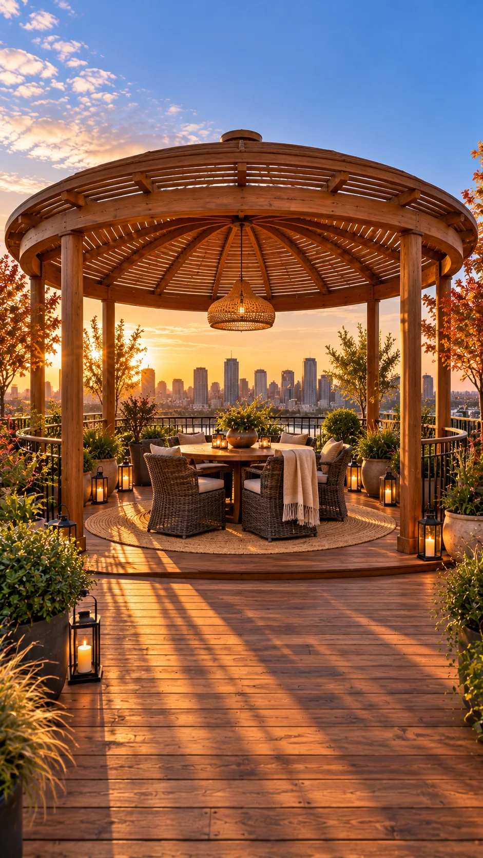 Round wooden rooftop pergola with wicker dining chairs and a city skyline at sunset