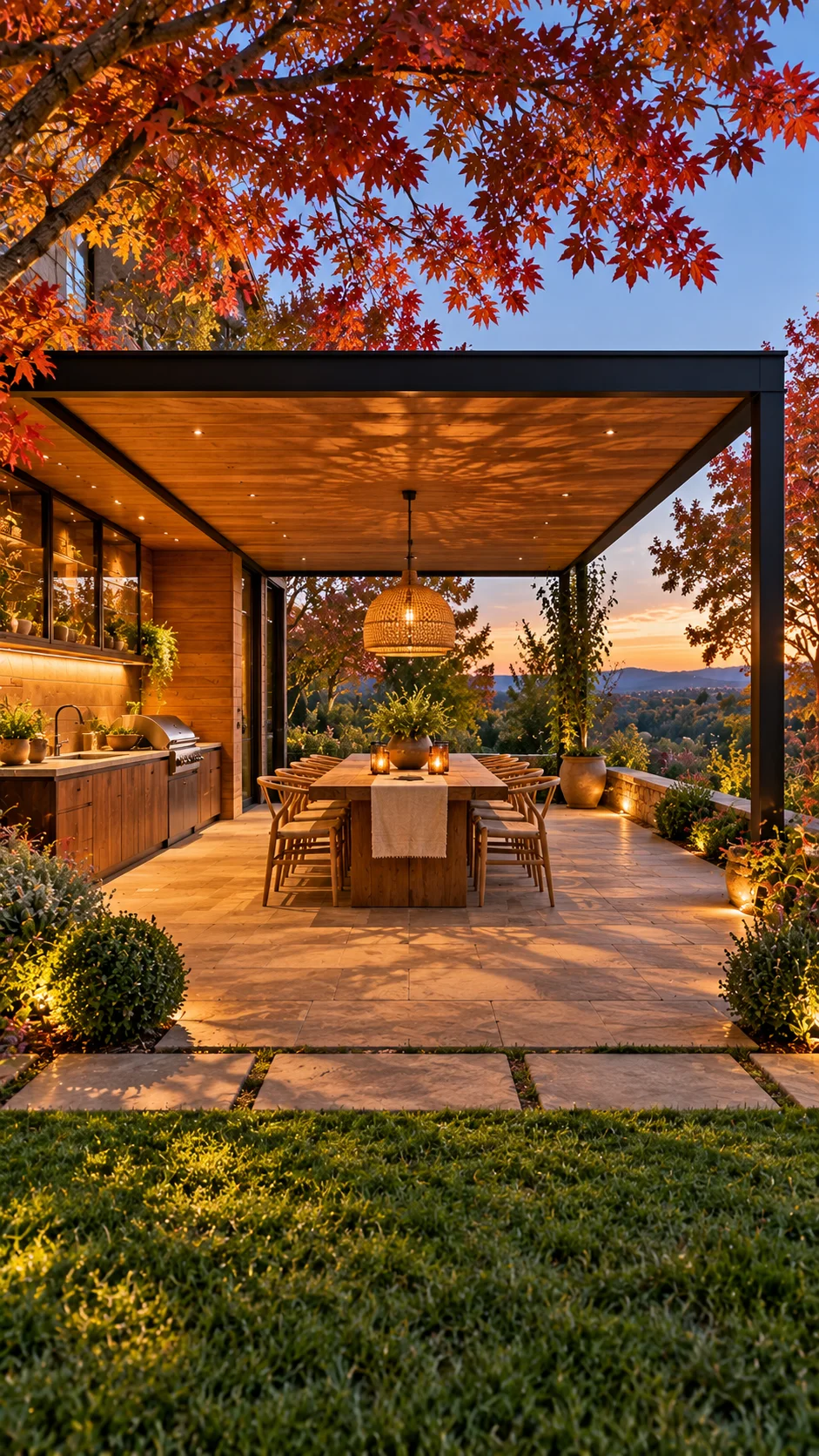 Modern steel-frame pavilion with outdoor kitchen, long wood dining table, and autumn maple tree
