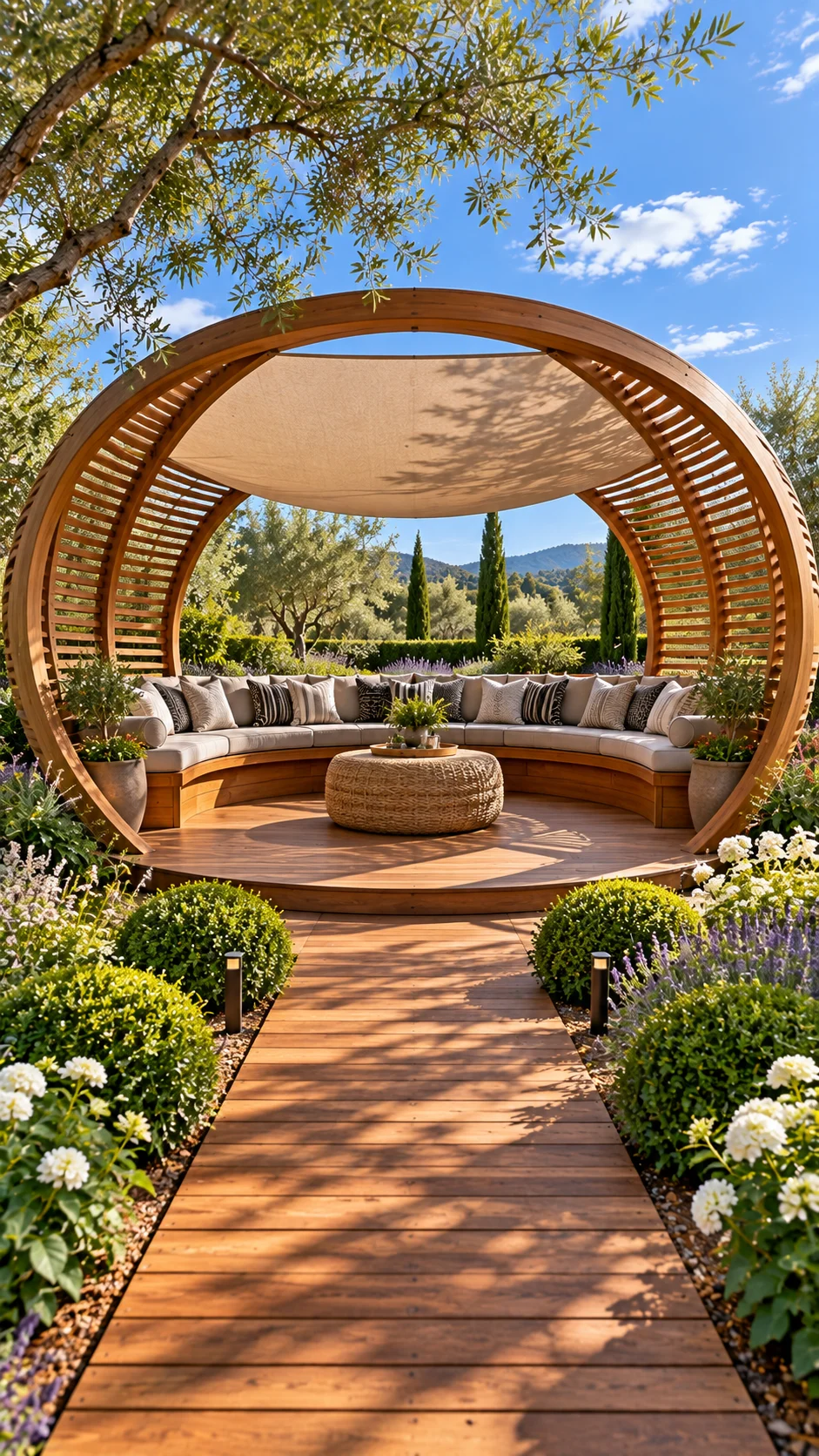 Curved wooden slatted pavilion with fabric canopy, curved bench, and olive trees behind