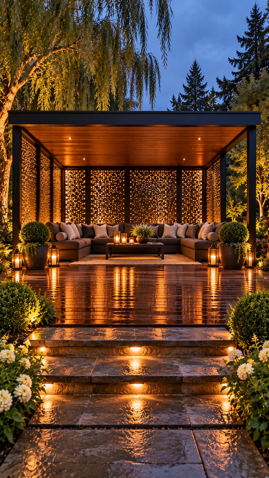 Black steel pavilion with backlit perforated metal screens, sectional sofa, and lit stone steps