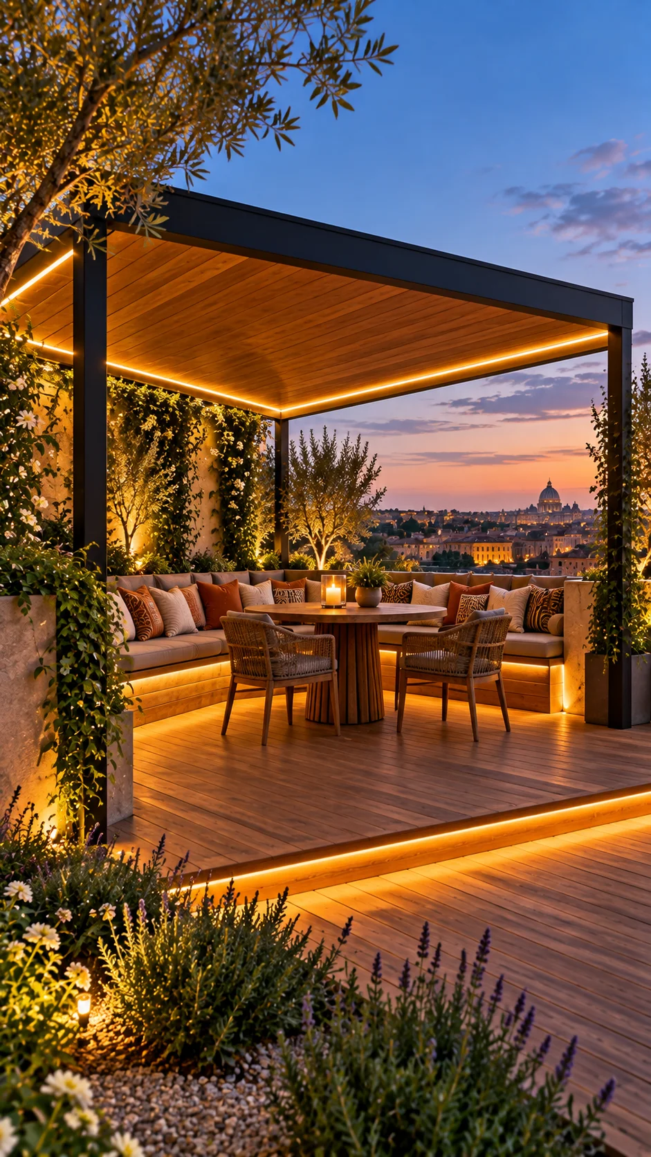 Rooftop pergola with glowing LED strip lighting, built-in bench, and sunset city view
