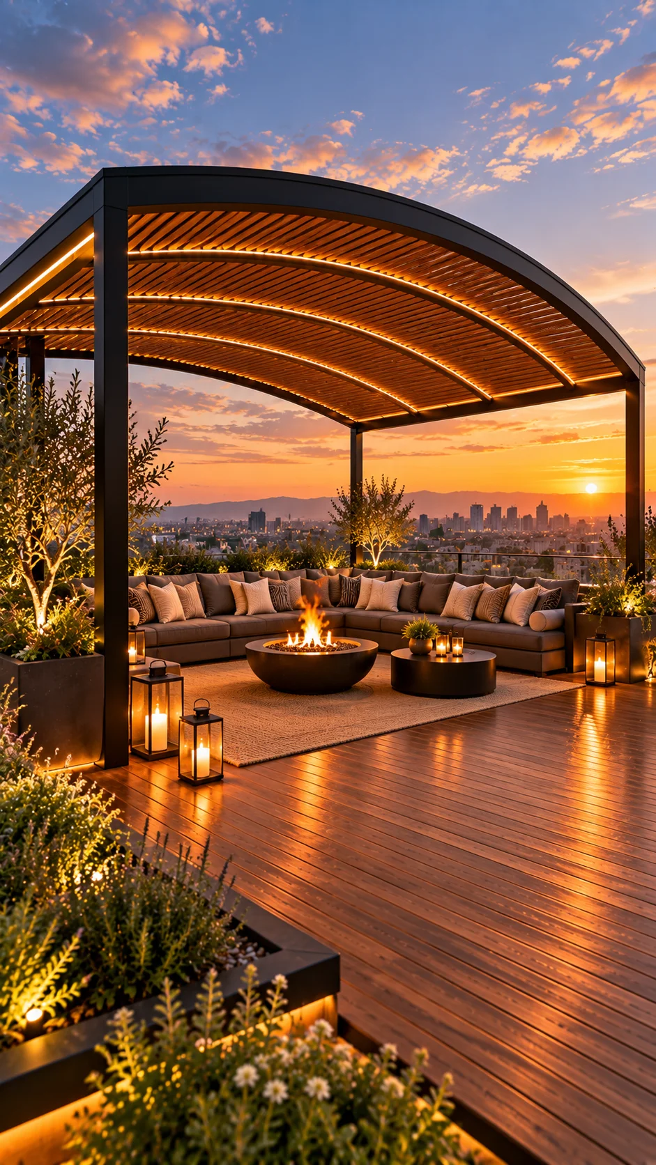 Curved louvered steel pergola with a round fire bowl, sectional sofa, and sunset skyline