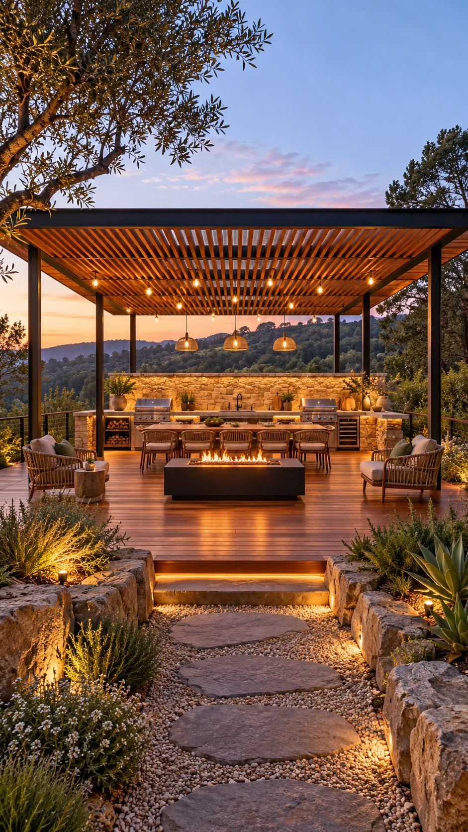 Hillside deck with a gas fire table between outdoor kitchen and lounge chairs at dusk