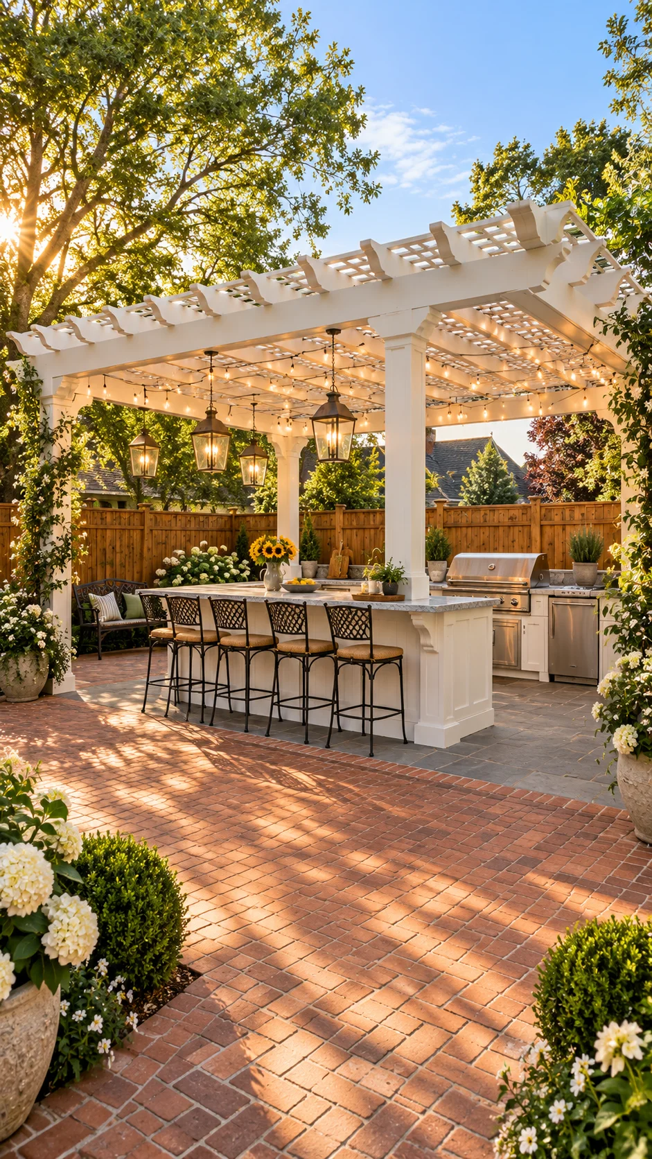 White pergola over an outdoor kitchen island with wrought-iron bar stools on a brick patio