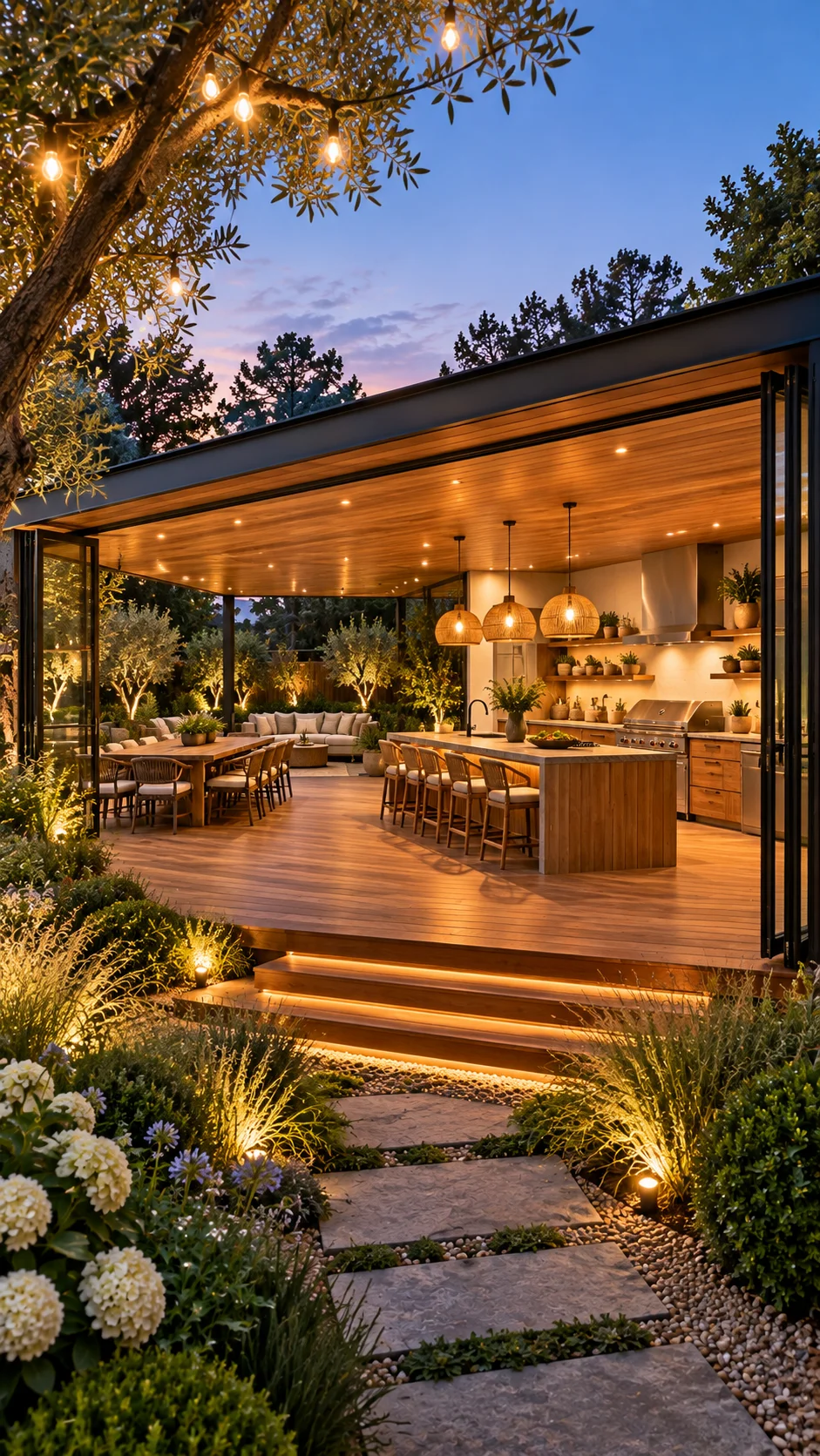 Open pavilion kitchen with wood ceiling and folding glass doors beside a lit deck