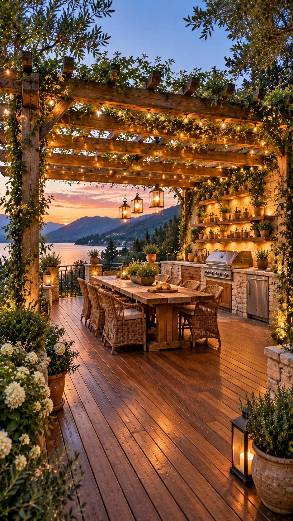 Rustic timber pergola covered in vines with a long dining table overlooking a lake at sunset