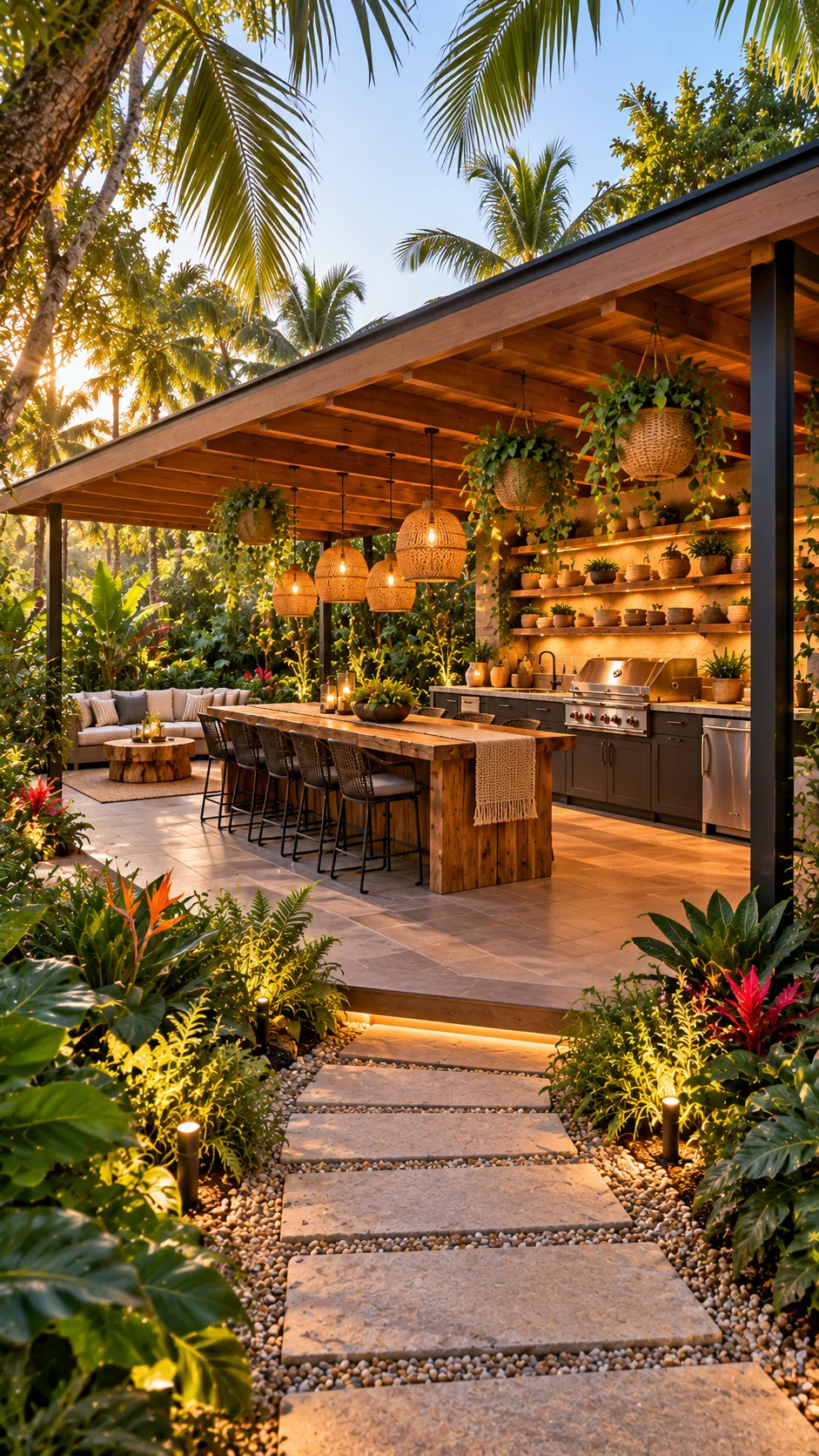 Tropical outdoor kitchen with hanging plants, rattan pendants, and a live-edge wood bar island
