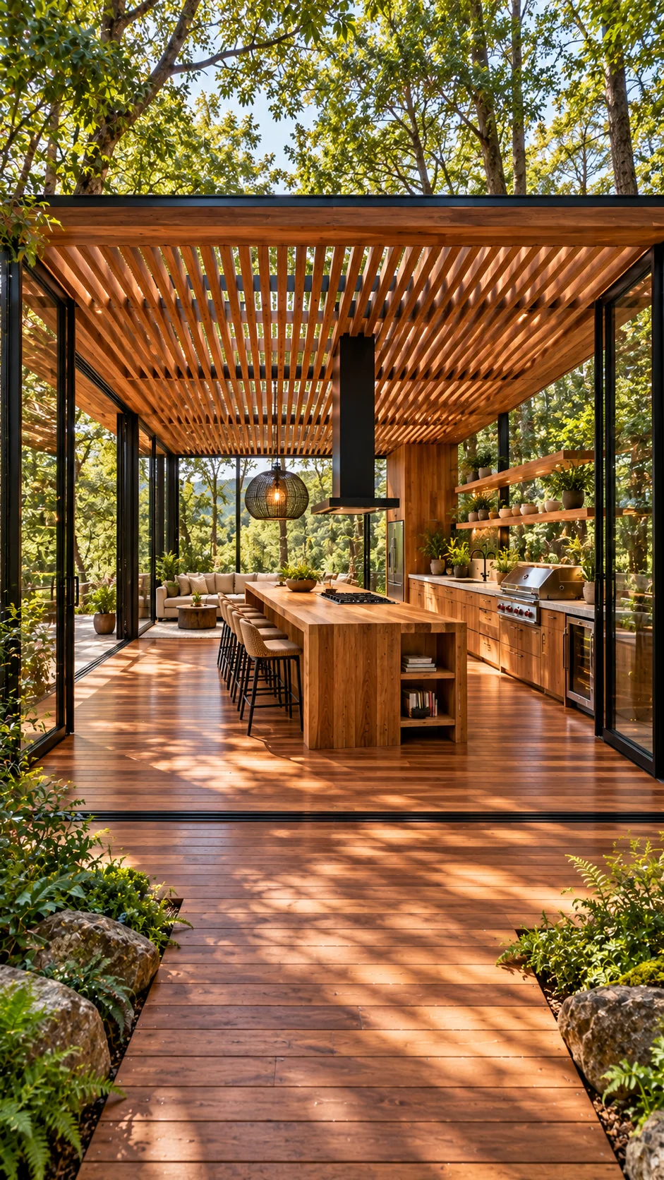 Glass-walled forest pavilion with slatted wood ceiling, long island, and black range hood
