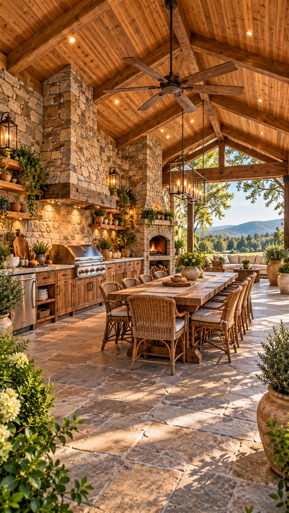 Vaulted timber outdoor kitchen with stone fireplace, grill, ceiling fan, and long wicker dining table