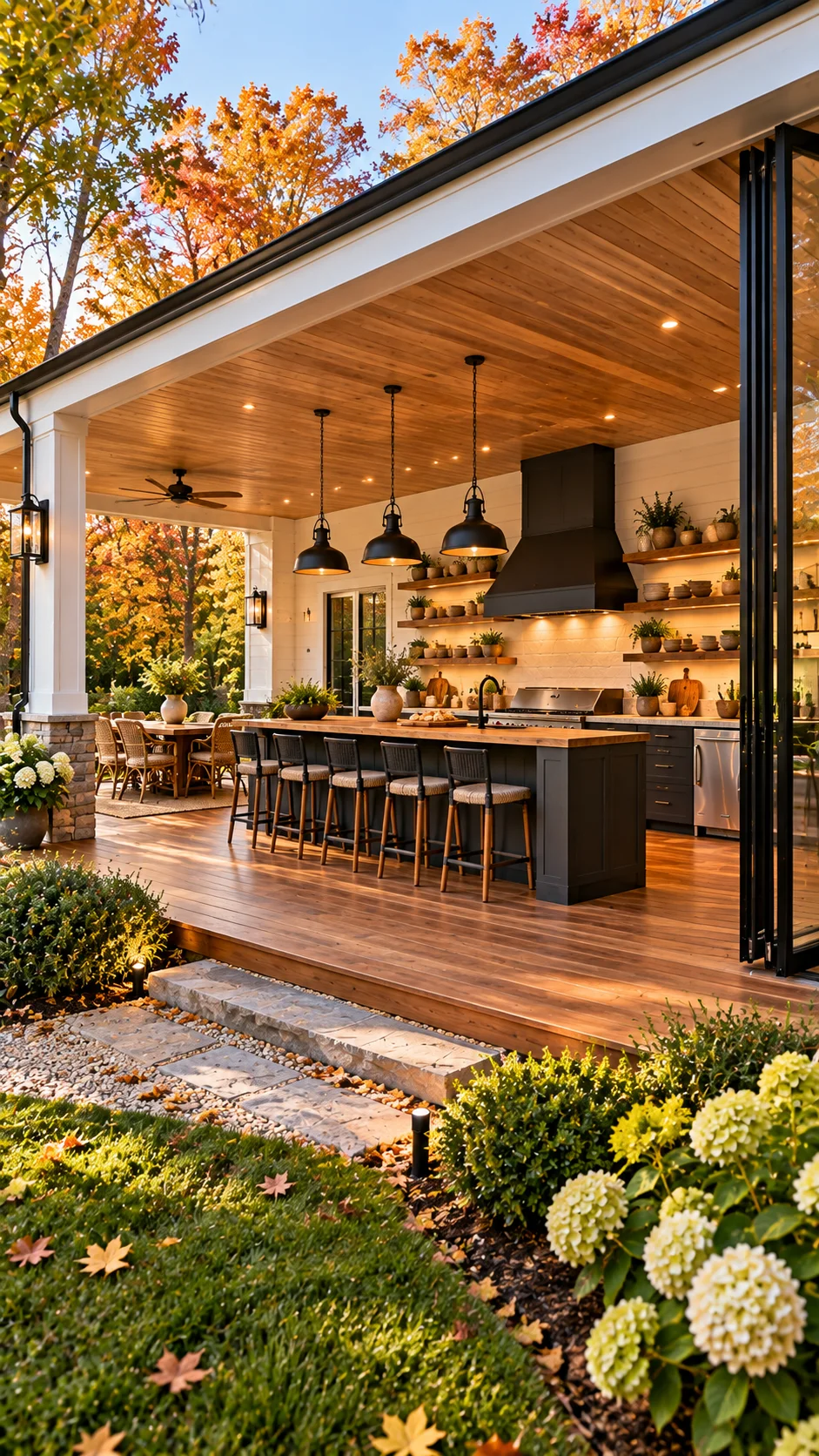 Farmhouse covered porch kitchen with black pendants, dark island with butcher block top, and autumn trees
