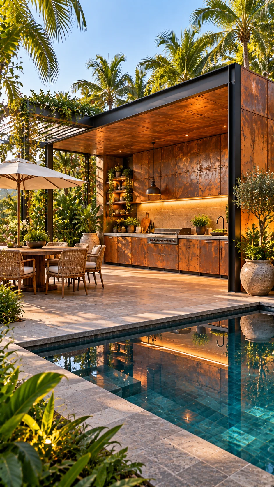 Rust-toned steel outdoor kitchen beside a tiled pool with palm trees and a round dining table