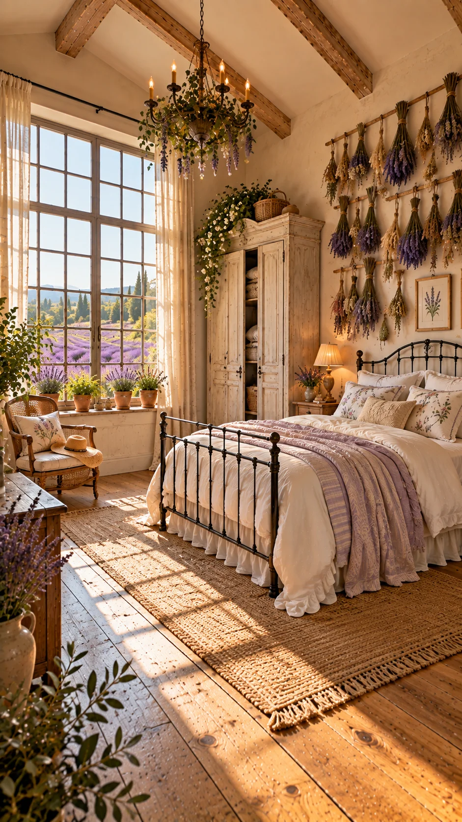 Cottagecore bedroom with dried lavender bundles hanging above an iron bed
