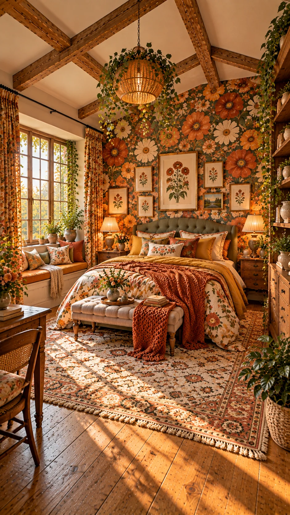 Large rust and orange floral wallpaper behind an olive tufted headboard
