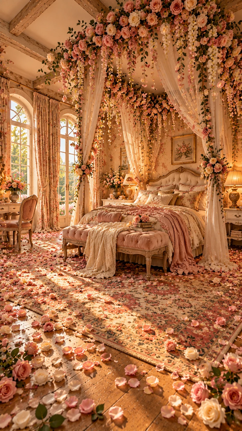 Canopy of pink and cream roses over a blush bedroom with petals