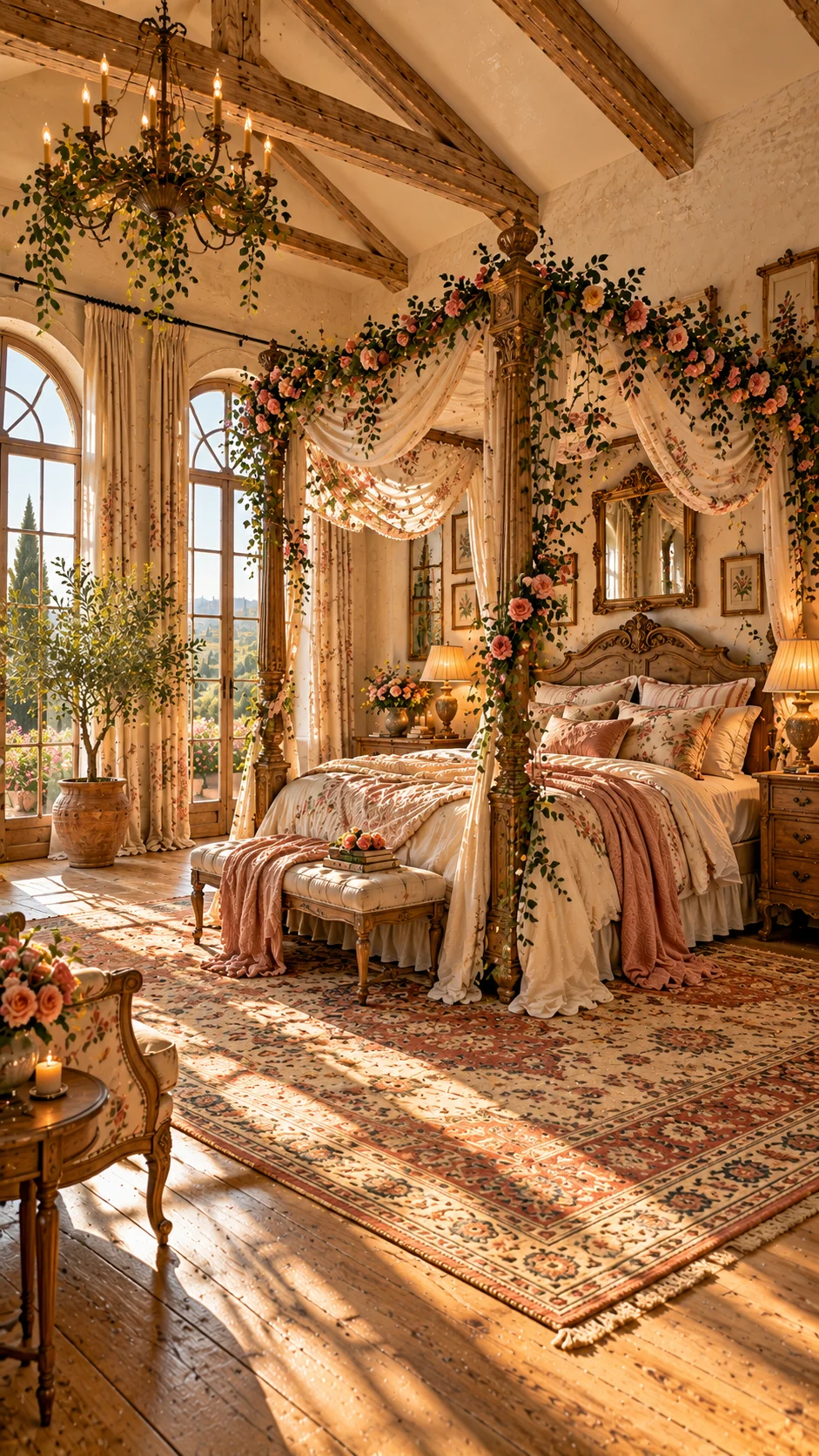 Carved wood four-poster bed draped in sheer fabric and rose garland