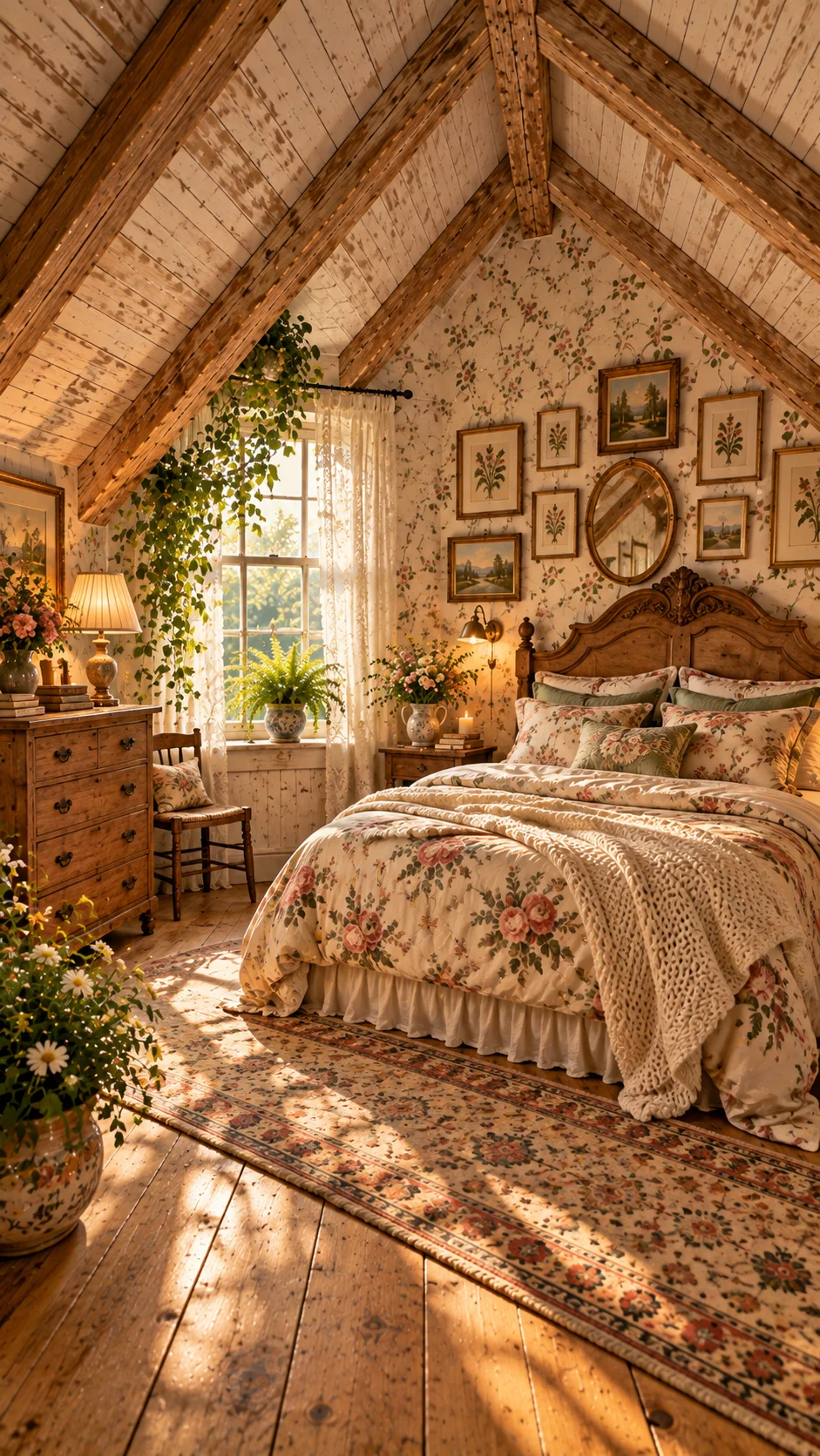 Attic bedroom with whitewashed plank ceiling, vine wallpaper, and framed botanical prints
