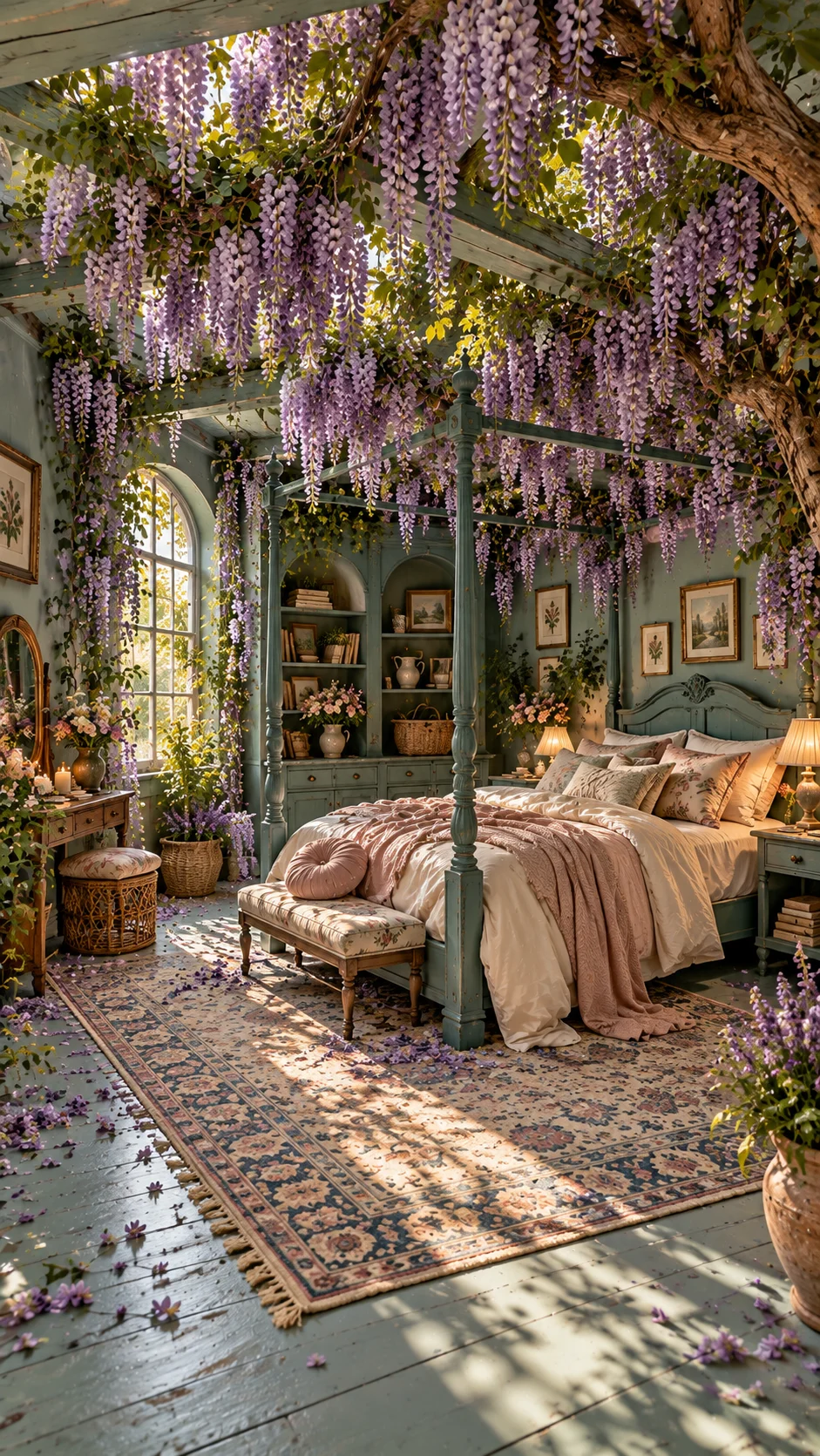 Sage-teal painted bedroom with wisteria blooms hanging over a four-poster bed