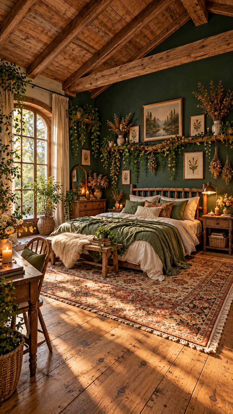 Forest green bedroom wall above a branch headboard, wood ceiling, and candles