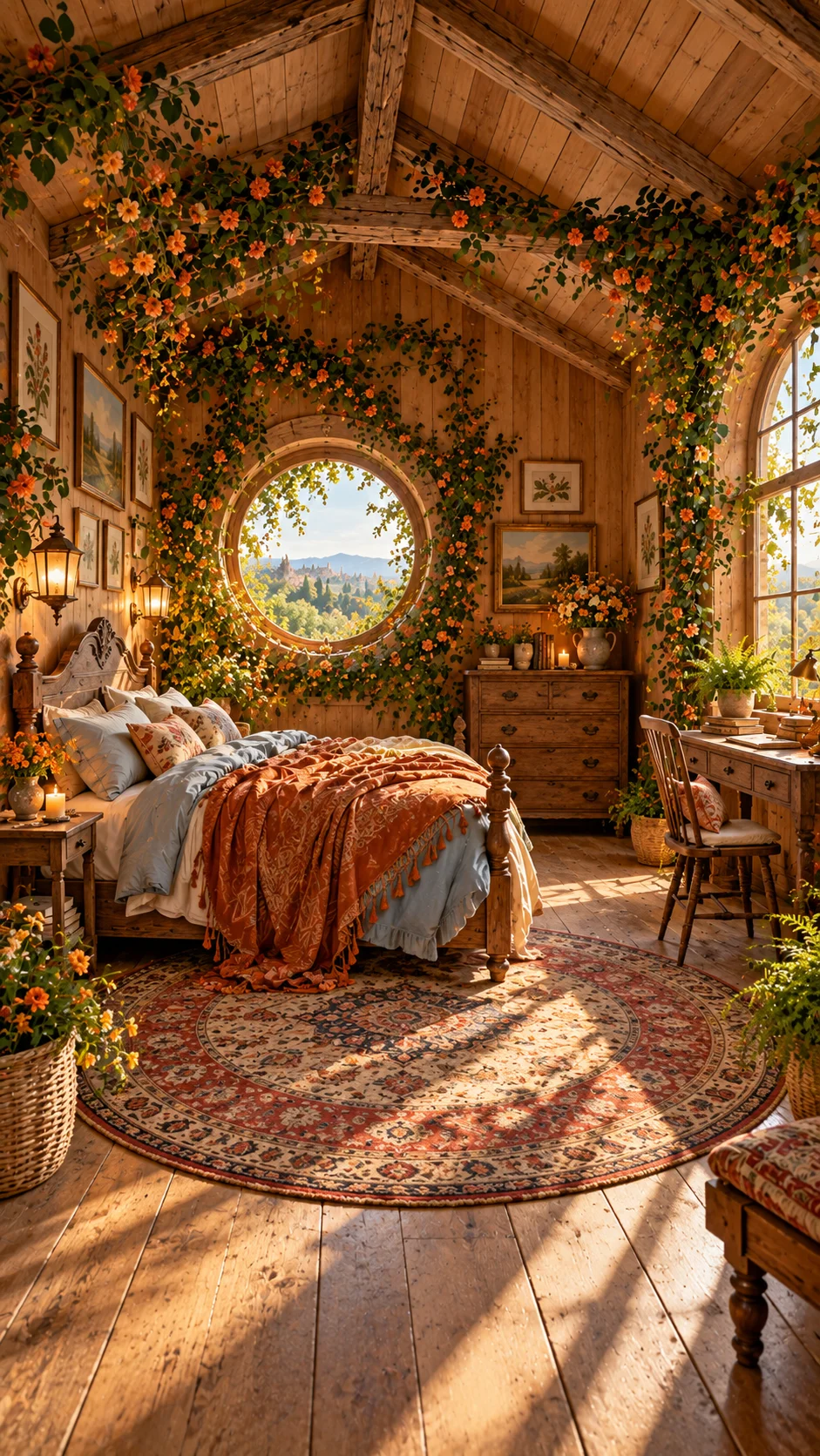 Round window framed by orange flowering vines above a wooden cottage bed