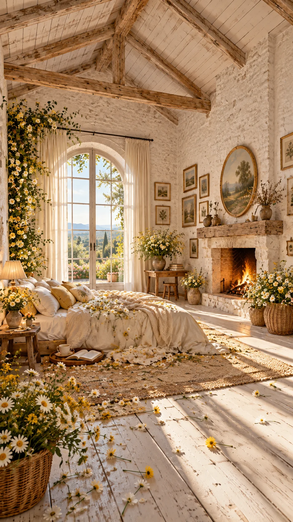 Cream bedroom with white daisies, a lit stone fireplace, and arched French doors