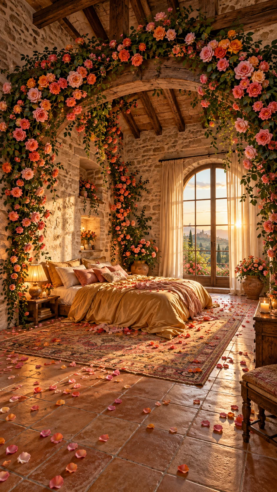 Stone bedroom with terracotta tile floor and coral roses climbing a wooden arch
