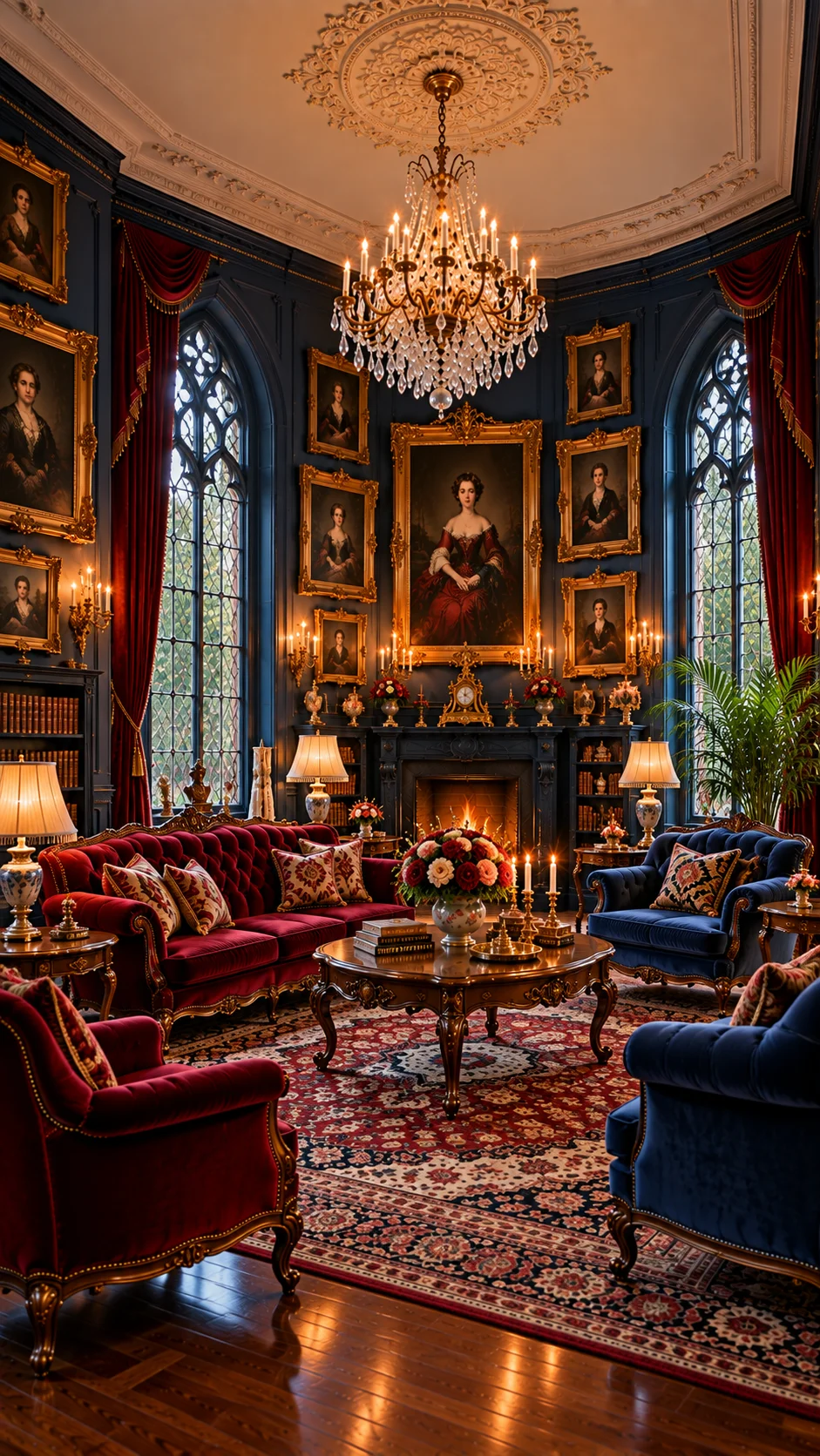 Navy walls, red velvet sofa and blue armchairs under a crystal chandelier