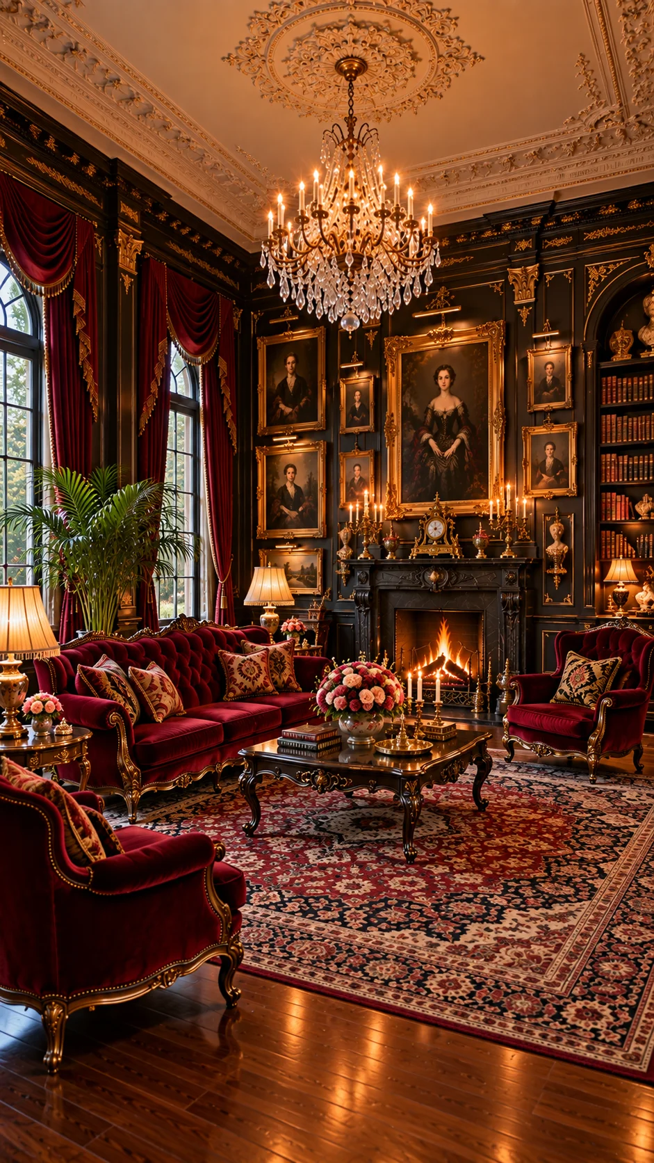Red velvet seating faces a fireplace in a dark paneled living room