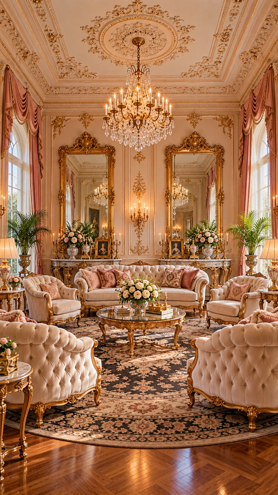Cream tufted sofa and chairs below two tall gold-framed mirrors