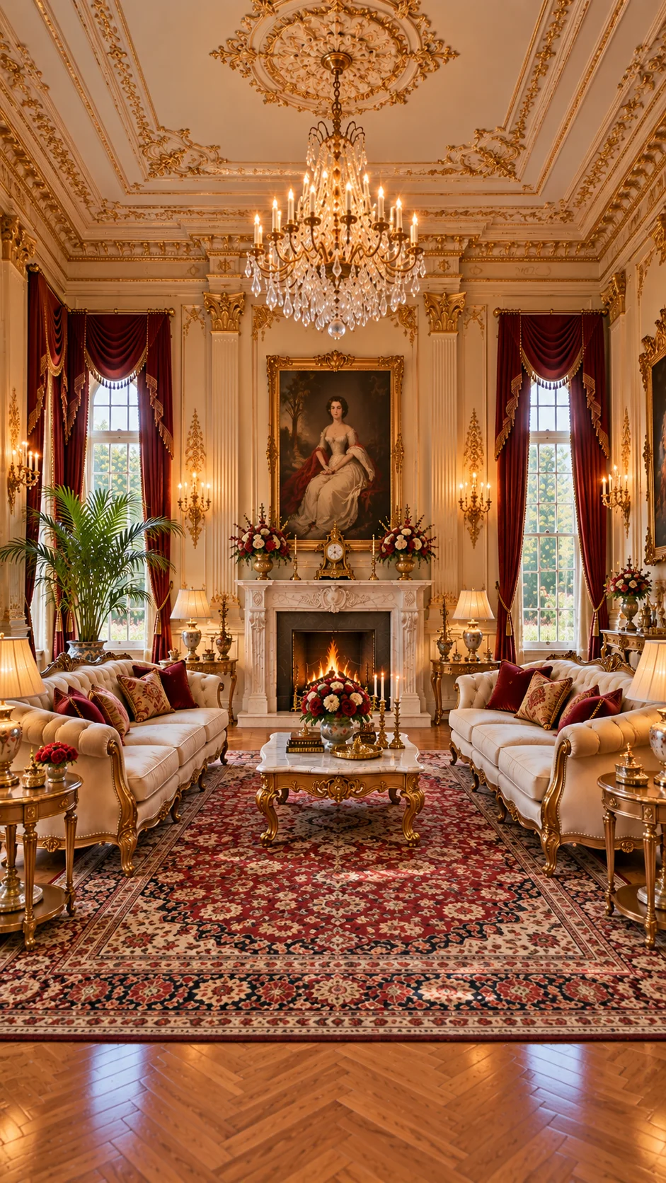 Two cream sofas facing a marble fireplace on a red Persian rug